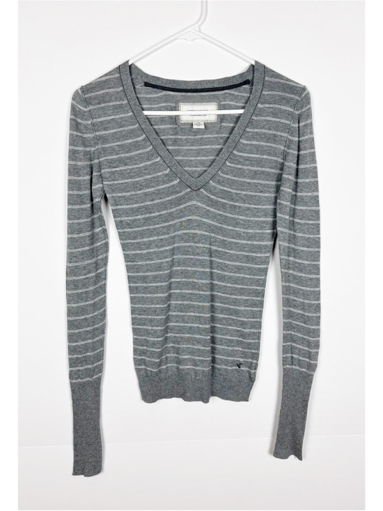 American Eagle Outfitters Sweaters - American Eagle Long Sleeve V-Neck
Striped Knit Sweater Gray White Small Y2K